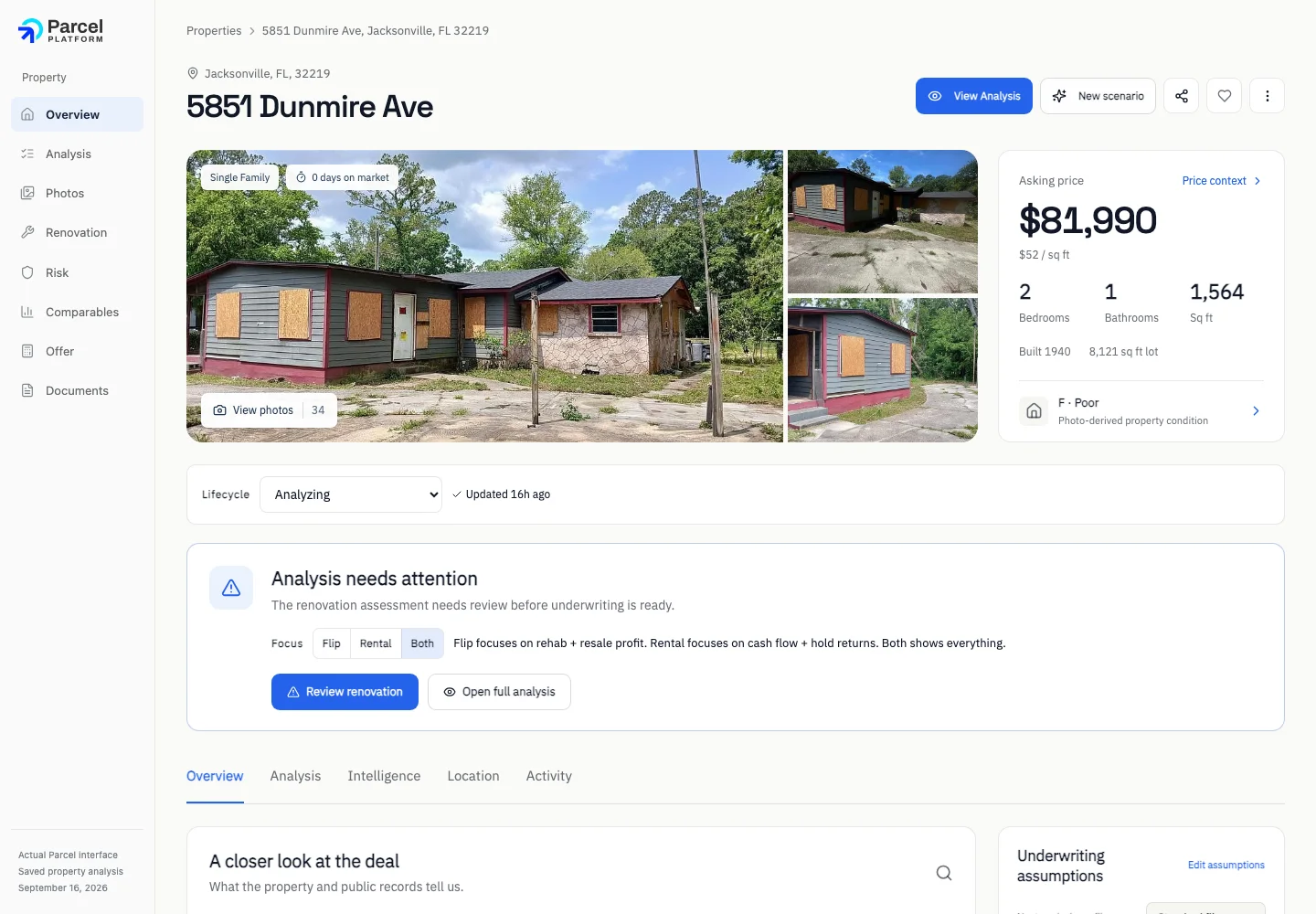 Parcel Platform property workspace showing real estate information, a property photo gallery, and an analysis summary